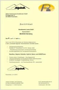 Zertifikat der Firma Alpinafenster, dass Bauelemente LORENZ GmbH die wasserdichten Fenster montieren darf